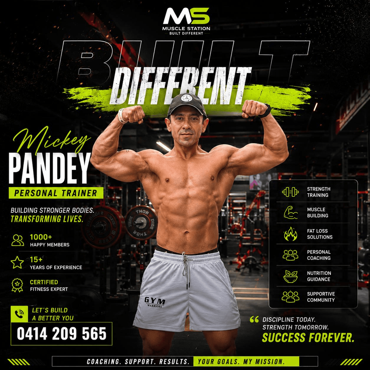 Muscle Station — Built Different. Personal trainer Mickey Pandey. 1000+ happy members, 15+ years experience, certified fitness expert. Strength training, muscle building, fat loss, personal coaching.