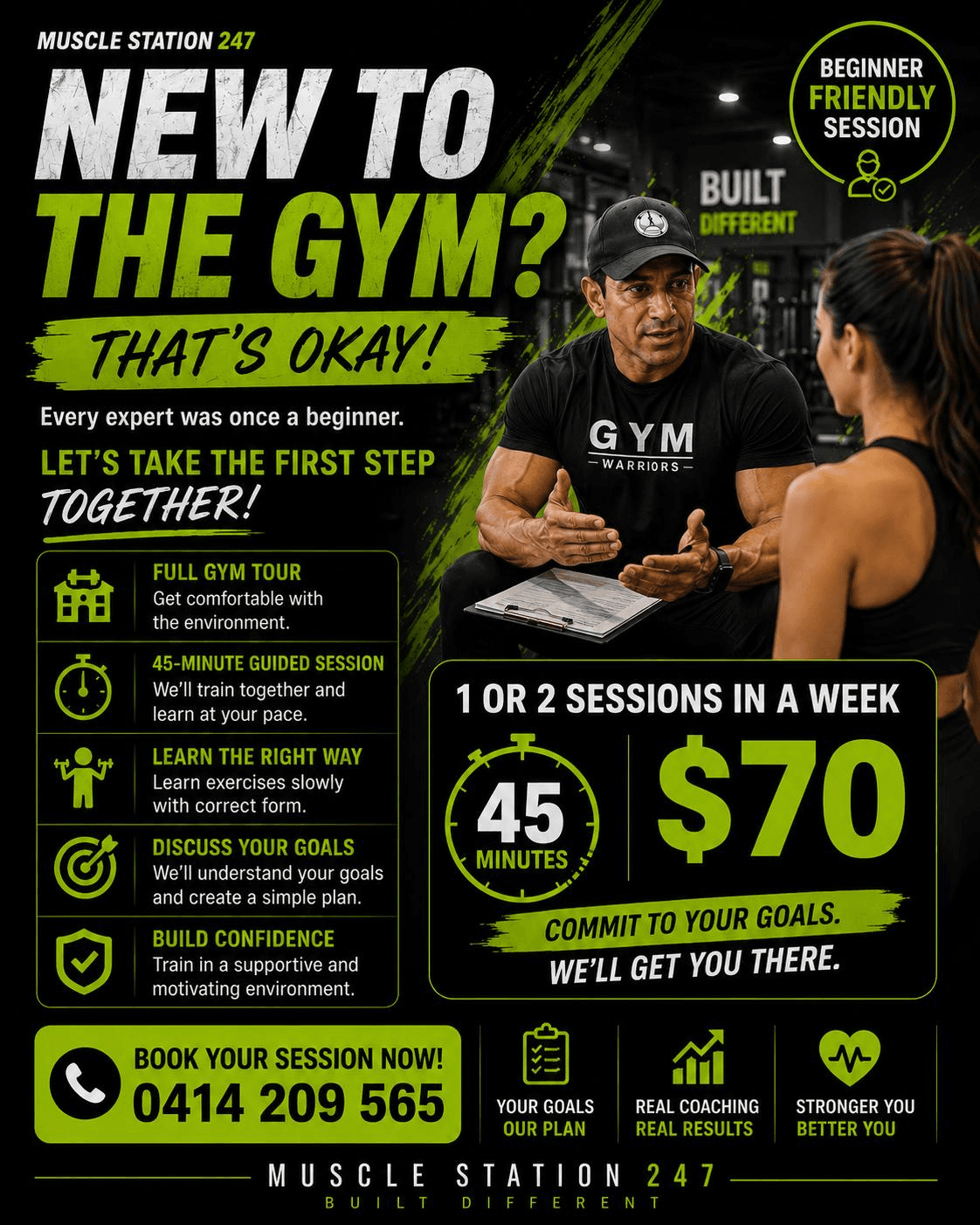 New to the gym? That's okay — every expert was once a beginner. Beginner-friendly sessions with a full gym tour, 45-minute guided session, learning the right way. 1 or 2 sessions a week, 45 minutes, $70.