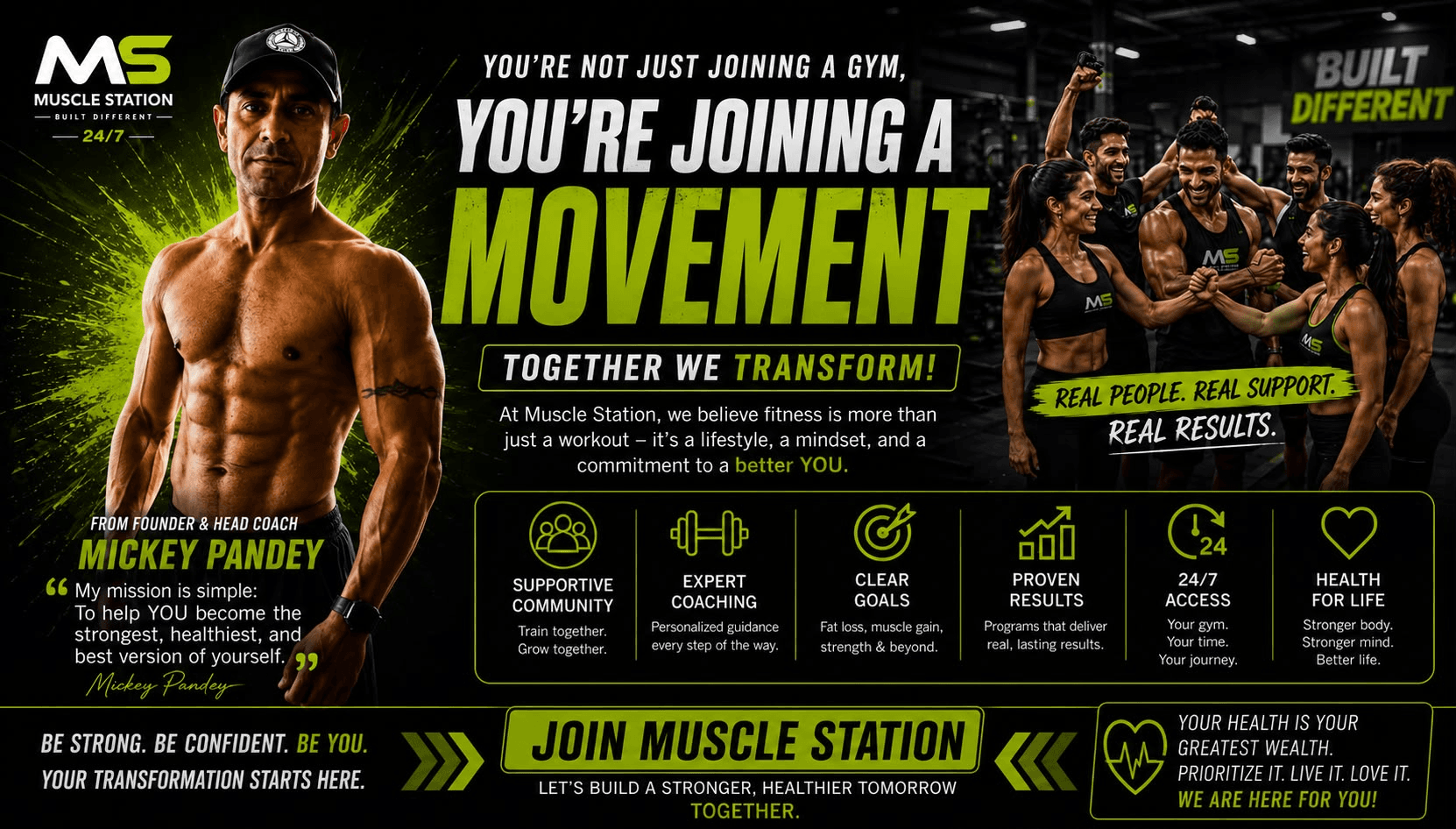 You're not just joining a gym, you're joining a movement — together we transform. From founder & head coach Mickey Pandey. Supportive community, expert coaching, clear goals, proven results, 24/7 access, health for life.