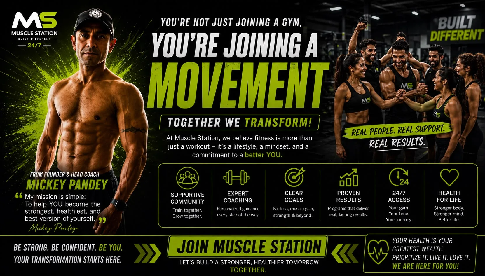 You're not just joining a gym, you're joining a movement — together we transform. From founder & head coach Mickey Pandey. Supportive community, expert coaching, clear goals, proven results, 24/7 access, health for life.